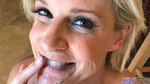Dirty Stepmom with mouth and face full of semen